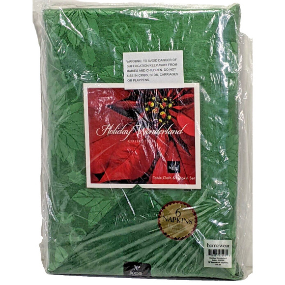 homewear Other - Christmas Holiday Tablecloth AND 6 Napkins 70" Round Green Poinsettia NEW